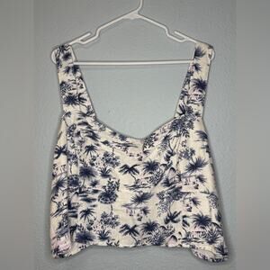 Abercrombie White & Blue Tropical Print Linen Blend Sweetheart Crop Tank XXL